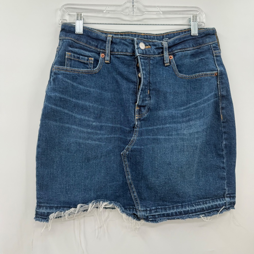Old Navy Denim Skirt High-Rise Frayed Hem Mini Button Fly Dark Wash 6